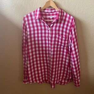 Berry red and white checkered shirt.